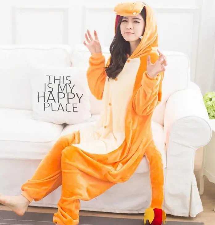 HKSNG Animal Adult Charmander Dragon Onesies Kigurumi Pajamas Flannel Cartoon Cosplay Dress Up Costume Jumpsuits Pyjamas