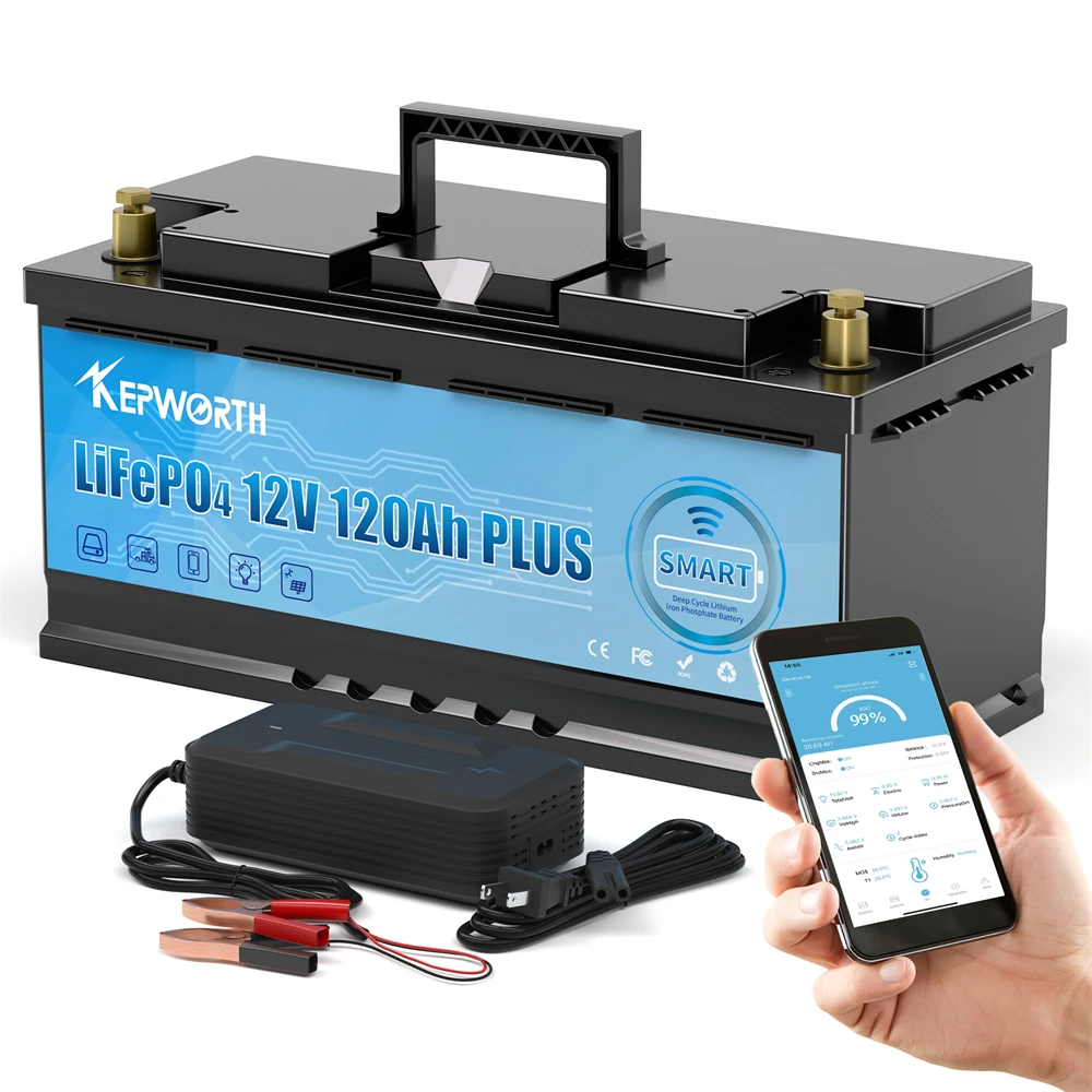 KEPWORTH 12V 120Ah LiFePO4 Bluetooth-Akku für RV Marine Solar, 120A BMS – Deutschland Lagerbestand