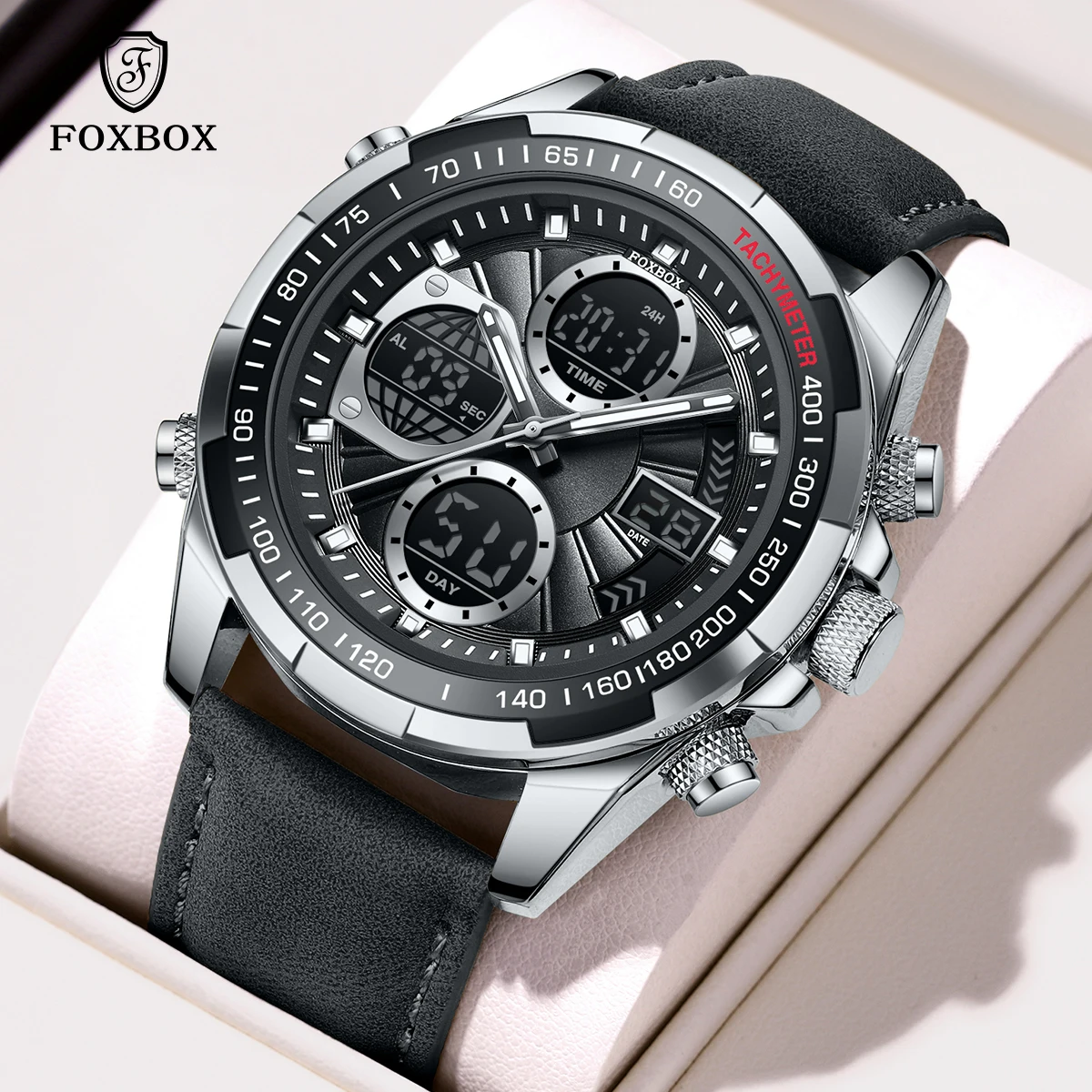LIGE FOXBOX Electronic Man Watch Fashion Casual Sport Leather Dual Digital Men\'s Watches Waterproof HD Luminous Alarm Date Clock