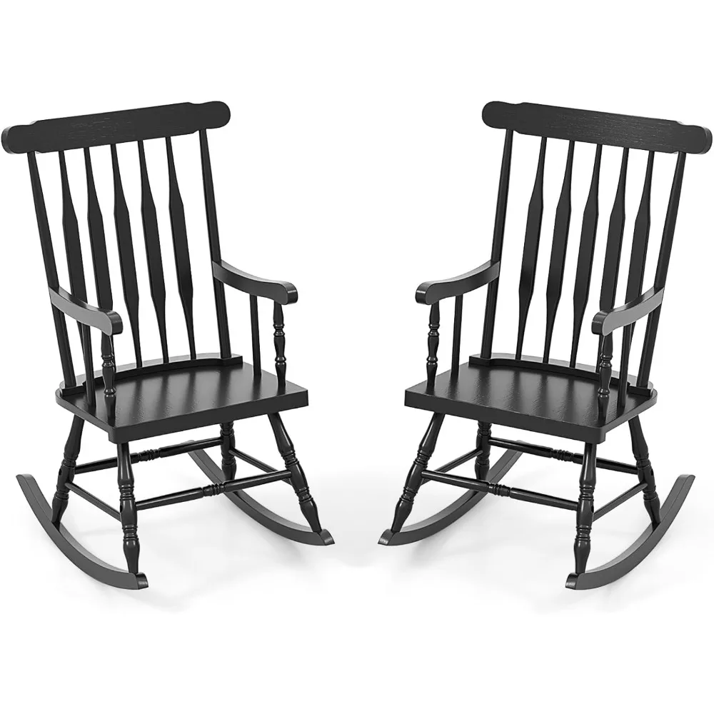 Patio Rocking Chairs Set of 2 - Wooden Rocking Chairs with Slat Back, Suitable for Outdoor and Indoor Use