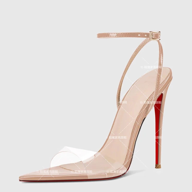 

Новые пикантные босоножки на шпильке телесного цвета с острым носком и открытым носком, одно слово, с пряжкой и ремешком, женская модная обувь