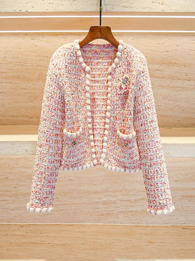 Cappotto cardigan lavorato a maglia dolce floreale per donna in rosa olio sud da donna di fascia alta Faion autunno piccola fraanza Sle