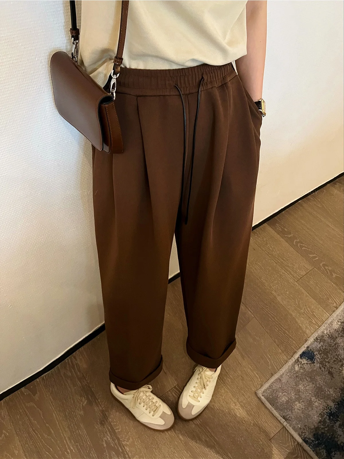 

Женские повседневные спортивные брюки с высокой талией, эластичным поясом, кофейного цвета, весенняя новинка, модель Sle Love Devil Fi Harlan, длинные брюки