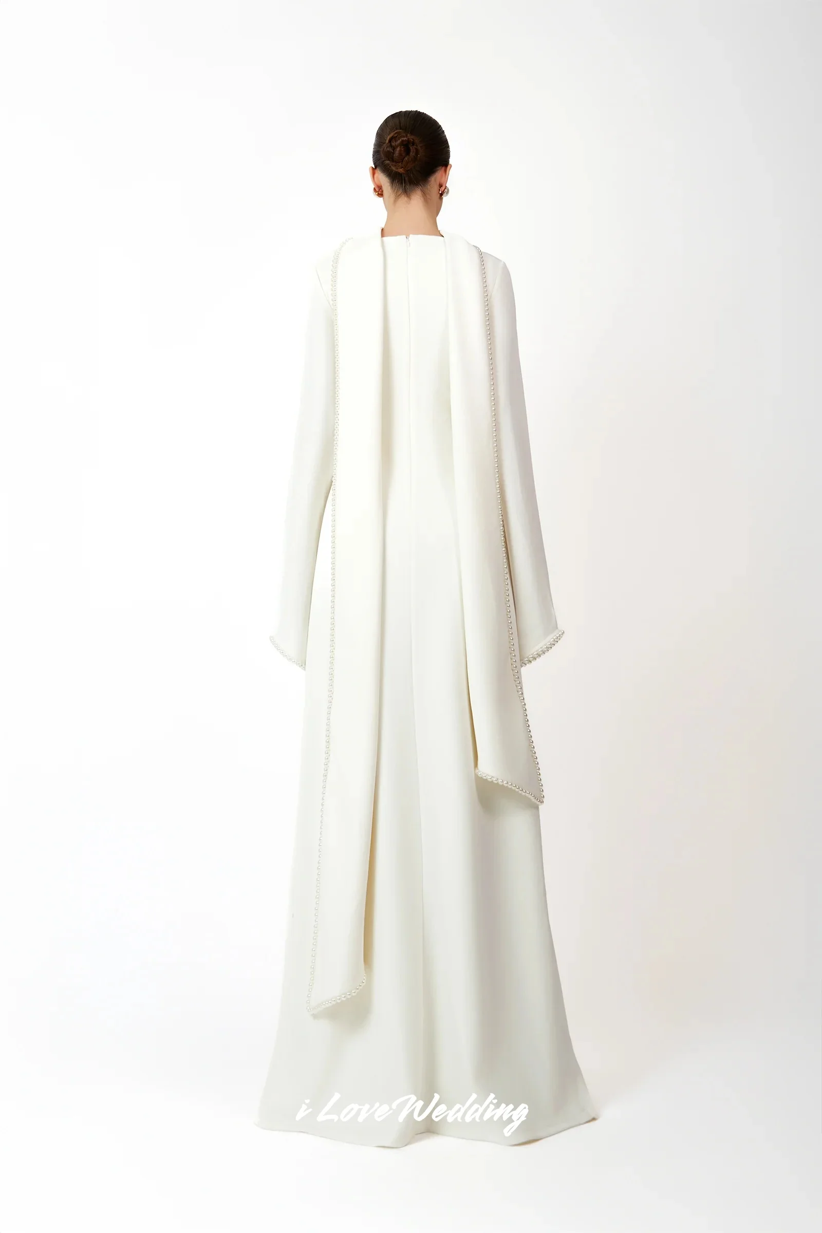 Белое вечернее платье с высоким воротом 2021, жемчужная шаль, длинный рукав, плиссированные платья для выпускного вечера, длиной до пола, свадебное платье по индивидуальному заказу