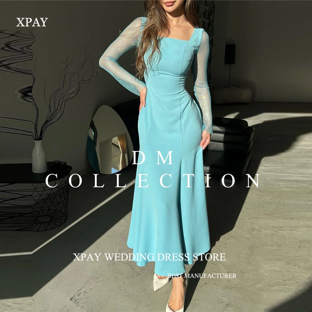 

XPAY Simple Hunter Mermaid Evening Dresses Long Sleeves Square Neck Stretch Ankle Length Formal Party Dress Arabic Women