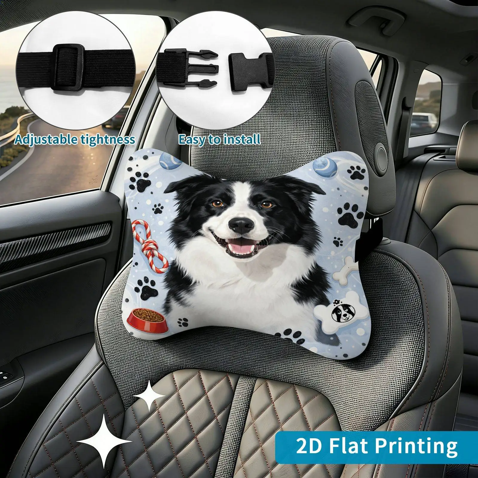 2pcs Dog Pattern Paw Print Bone Car Seat Headrest, Neck Support Cushion, Suitable For All Seasons Of Car Additions, Comfort Them