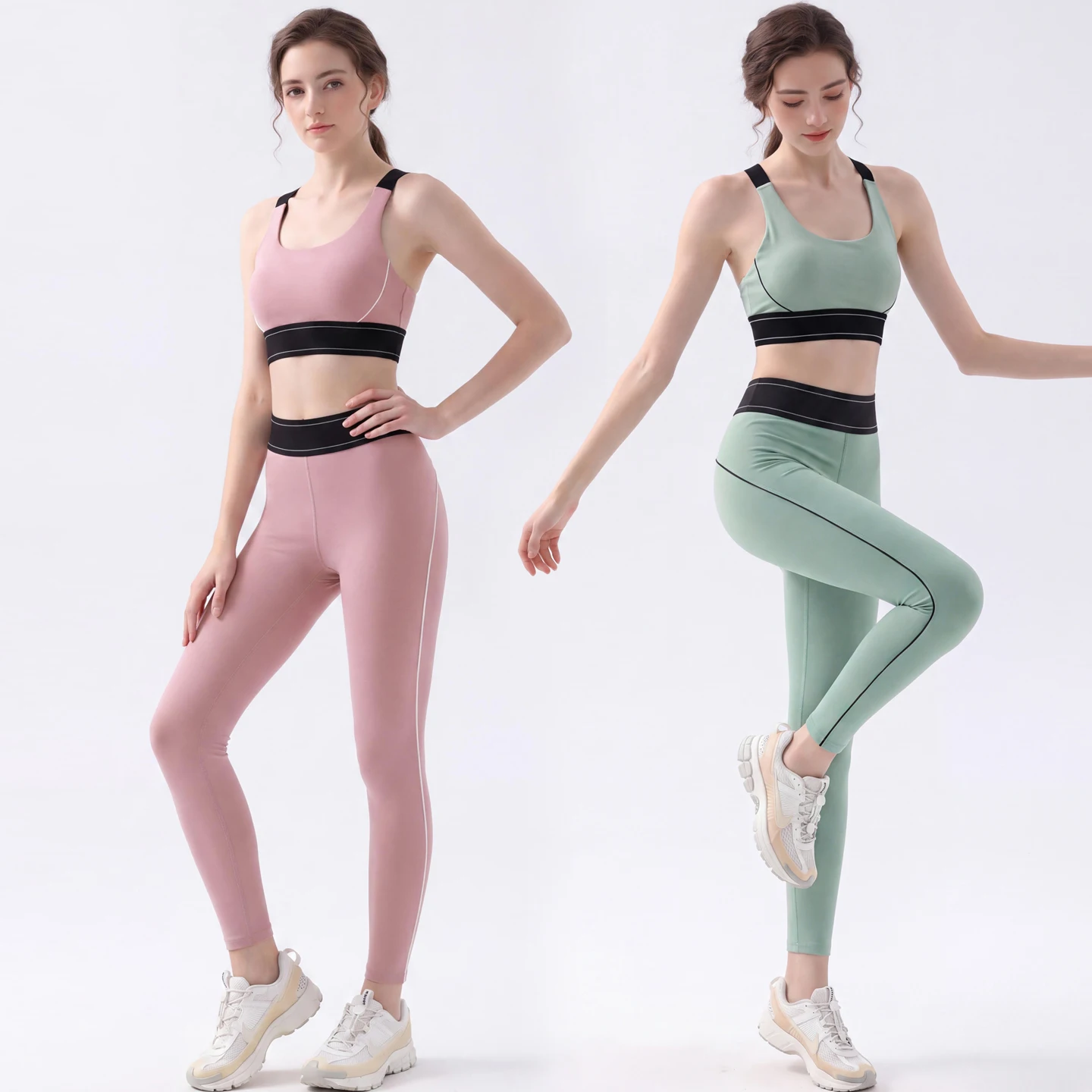 2026 New Women Contrast Line Yoga 2‑Piece Set Adjustable Sports Bra High Waist Leggings Stretchy Gym Fitness Workout Activewear