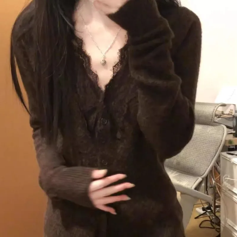 

2025 New Women's Lace Knitted Sweater Short Style Solid Wear Slim Fit Autumn Winter V-neck Fashionable Base Layer Top