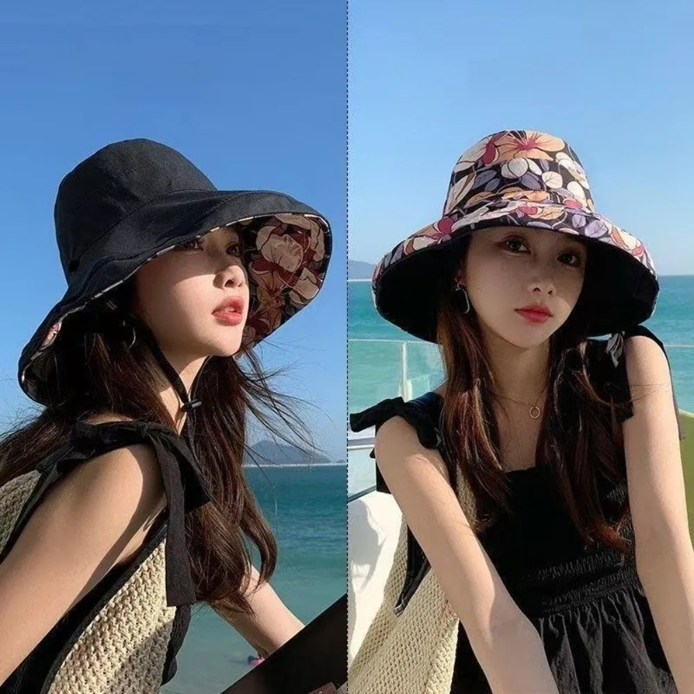 

Double-Sided Women Fisherman Hat Solid Color Flower Print Summer Sun Hat Sun Protection Wide Brim Sunscreen Visor Cap Beach
