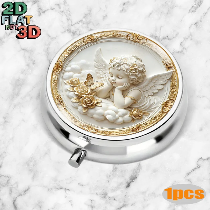 1pc flat mini pill box, featuring a small angel with closed eyes resting on his cheek, surrounded by white wings on the back, accompanied by a golden rose and golden butterfly, the overall design is elegant and luxurious. It is a multifunctional metal box for jewelry and earrings, suitable for travel and outdoor use.   2x2 inches