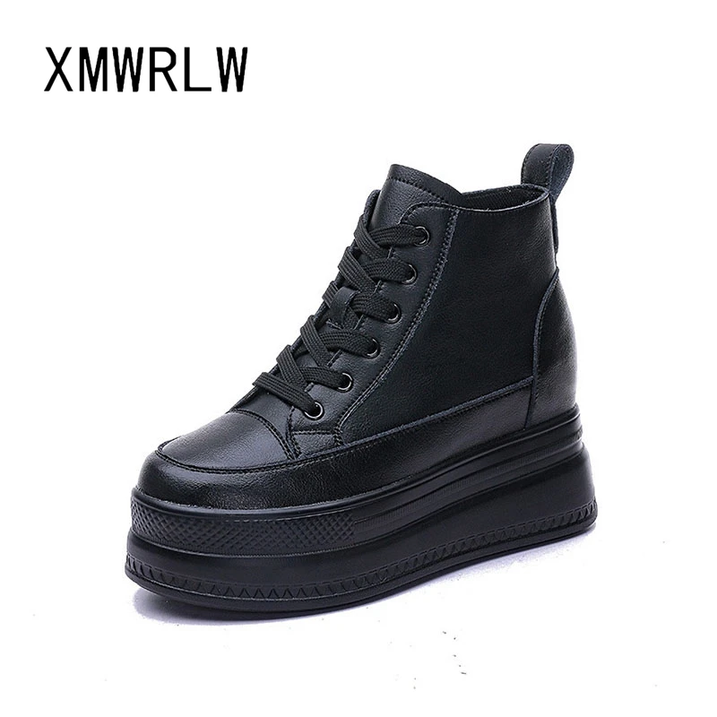 

XMWRLW 2025 Autumn Winter Women Shoes Fashion High Heels 9cm Women Black White Sneakers Warm Plush Women Winter Sneakers Shoes