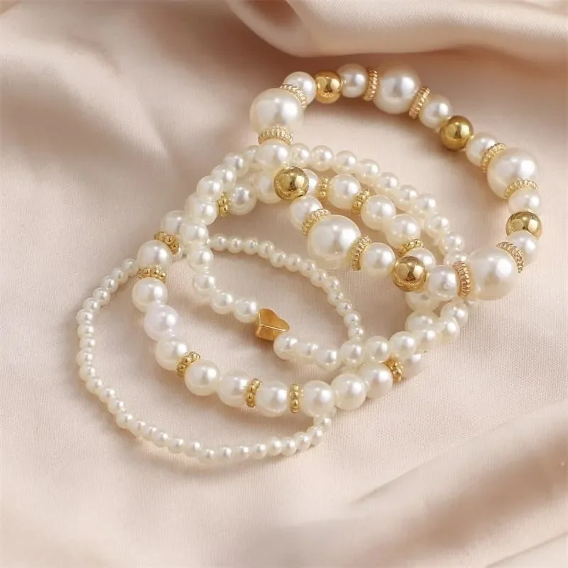 2024 Chunky Simulated Pearl Stackable Stretch Bracelet Set Beaded Ball Adjustable Multilayered Elastic Bangles for Women Jewelry image 3
