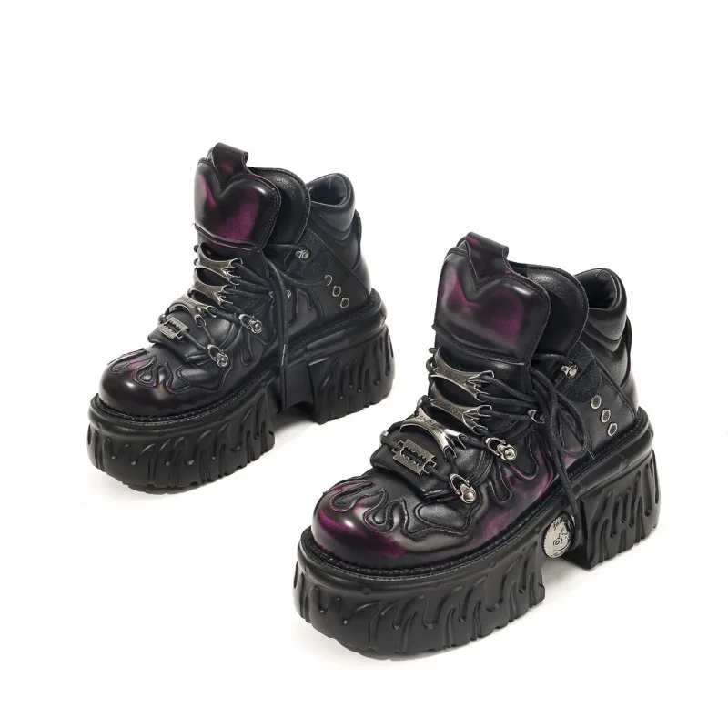 

2026 women's punk shoes new gothic studded naked boots lace-up platform rock heavy metal biker shoes women's casual sneakers
