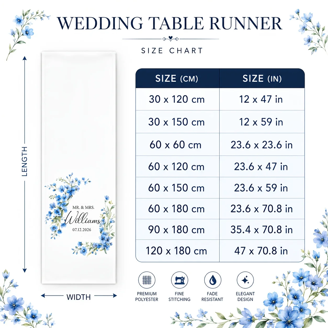 2D FLAT 1pc Custom Wedding Table Runner with Bride & Groom Names - Last Name Display Suitable for Ceremony Reception Table Decor