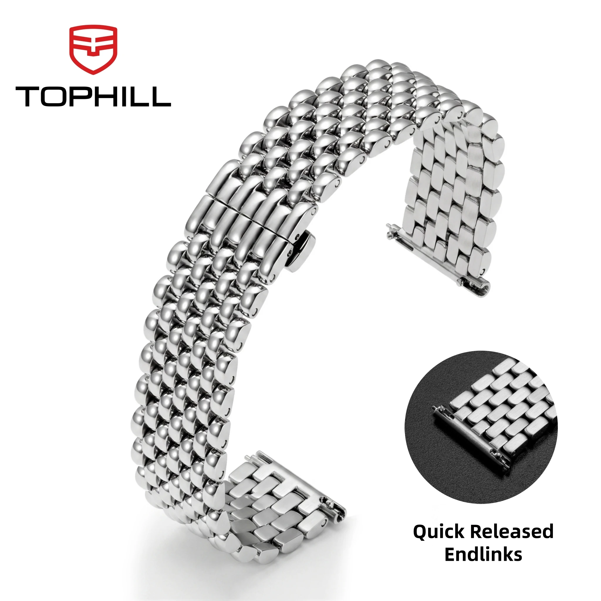 TOPHILL 20mm Beads Of Rice Watch Bracelet Polished Quick Release Endlinks Screw Links Universal 316L S. Steel Watchband Silver
