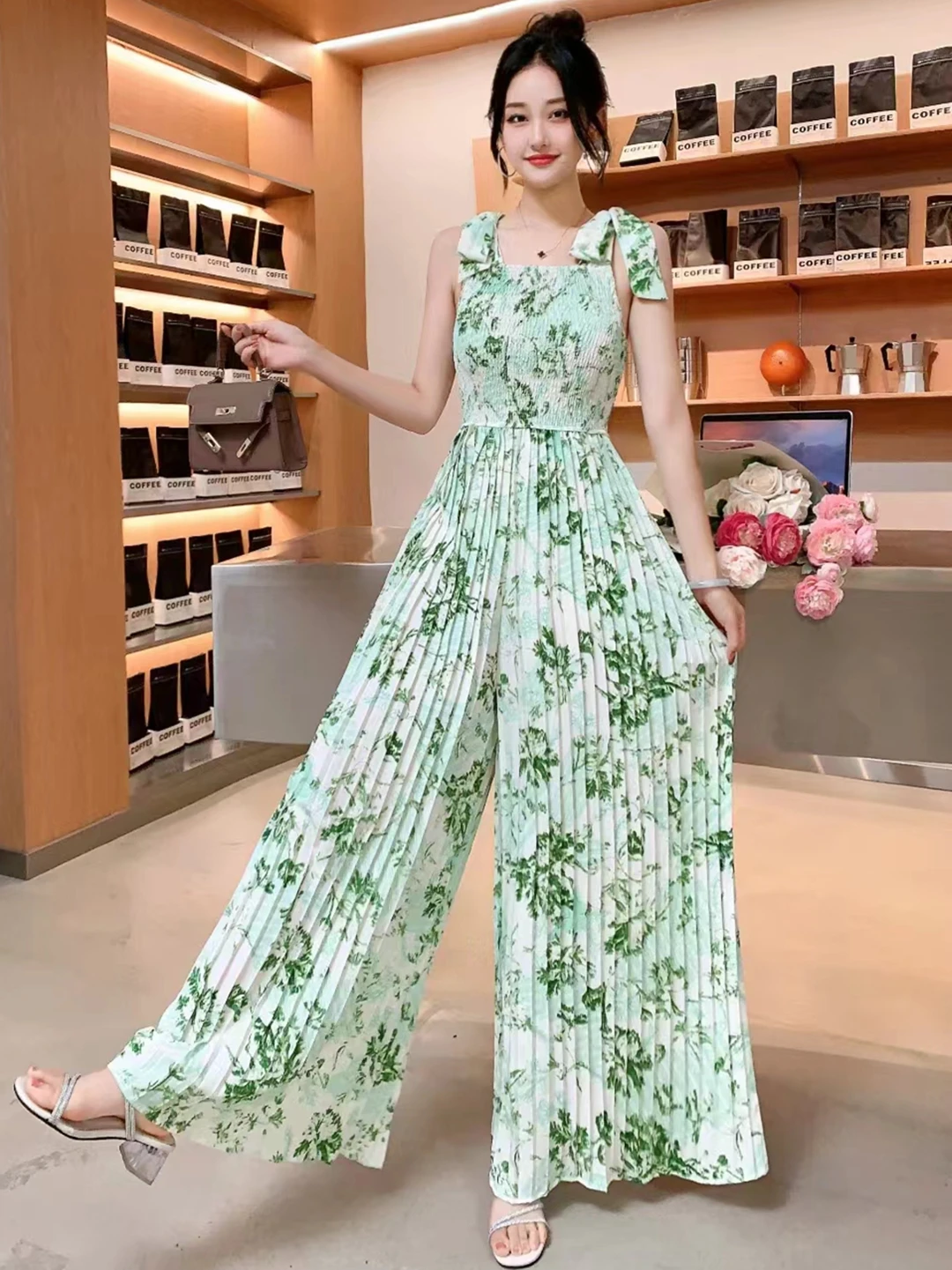 2024 New Summer Women Strap Sleeveless Elastic Slim Jumpsuit Sweet Floral Pleated Wide Leg Long Pants Jumpsuits 9 Colors