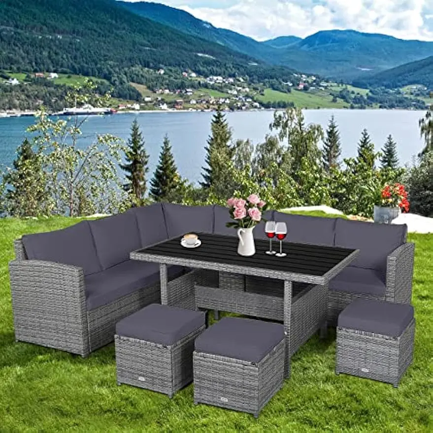 7 PCS Wicker Patio Furniture Set Outdoor Rattan Sofa Set All Weather with Dining Table & Ottomans Soft Cushions for Backyard