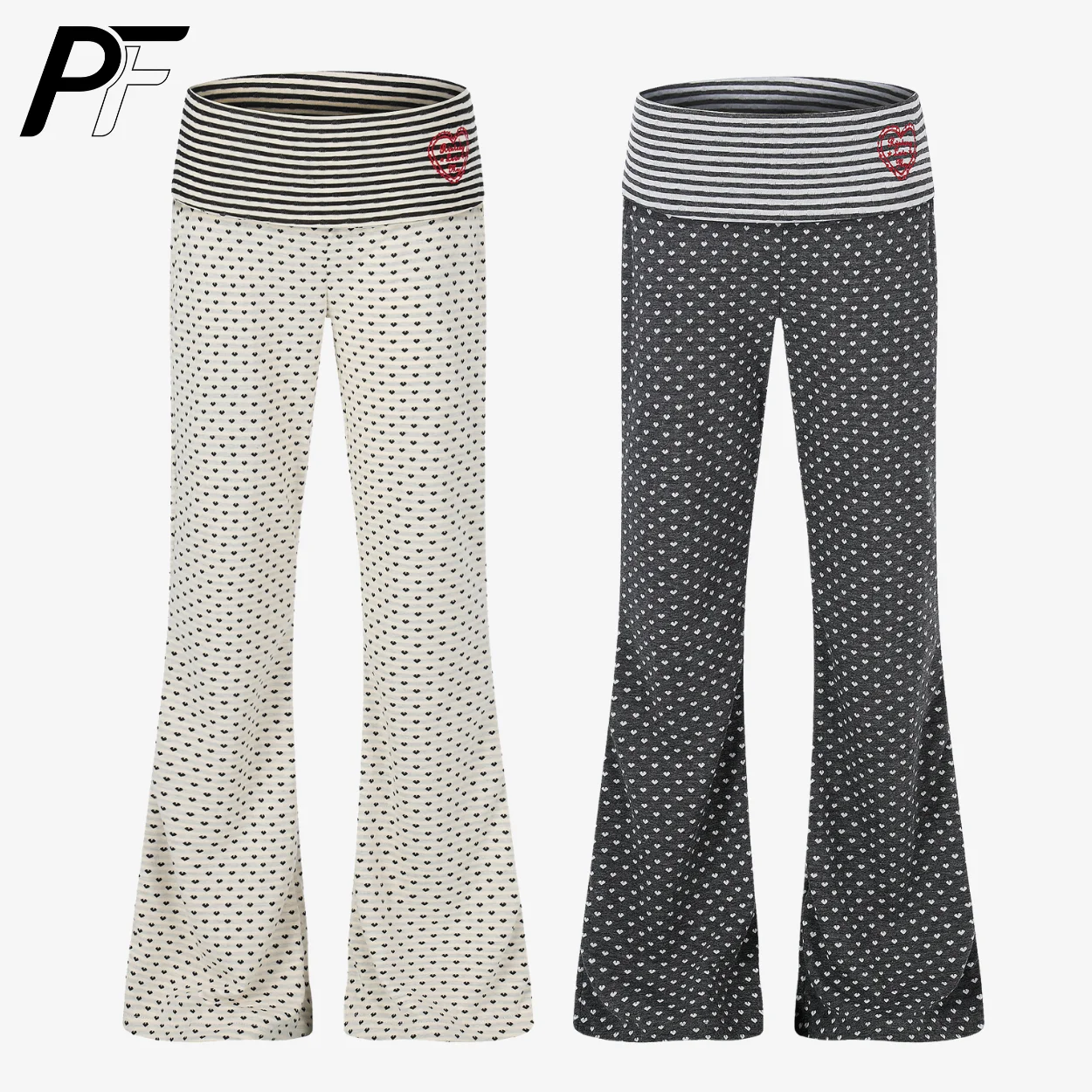 

Y2K Heart Print Flare Leg Pants for Women Trendy Striped High Waist Foldover Yoga Trousers Vintage Casual Bootcut Knit Pants
