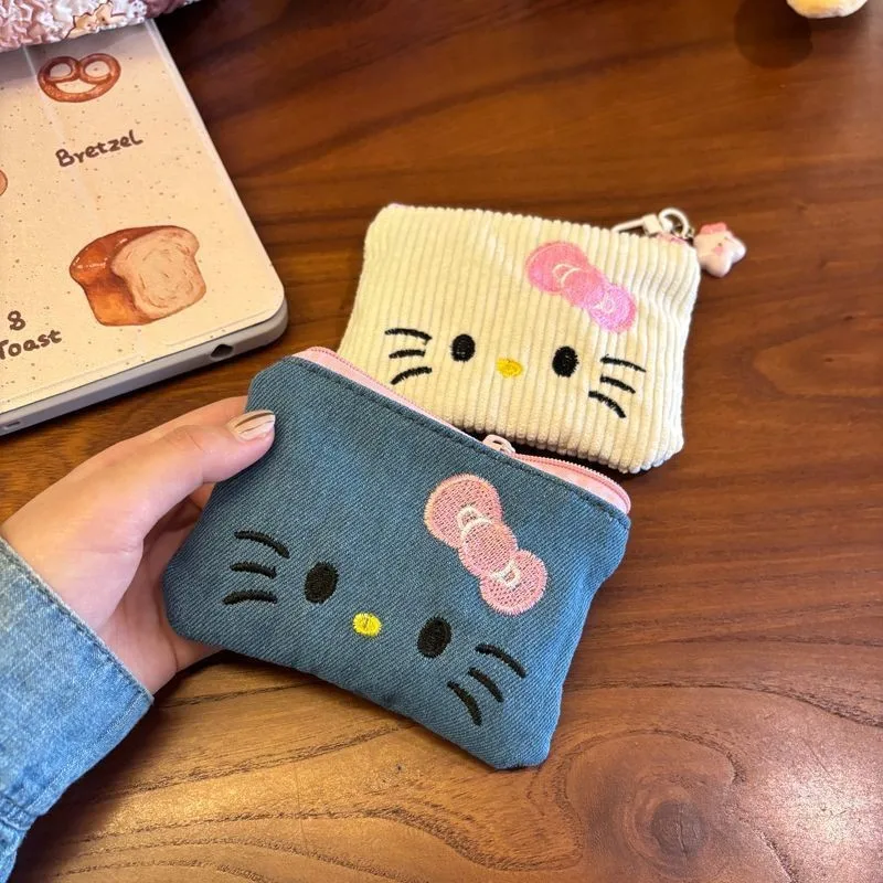 Kawaii Sanrio Anime Hobby Hello Kitty Cartoon Small Denim Embroidered Coin Wallet Portable Coin Bag Birthday Gift