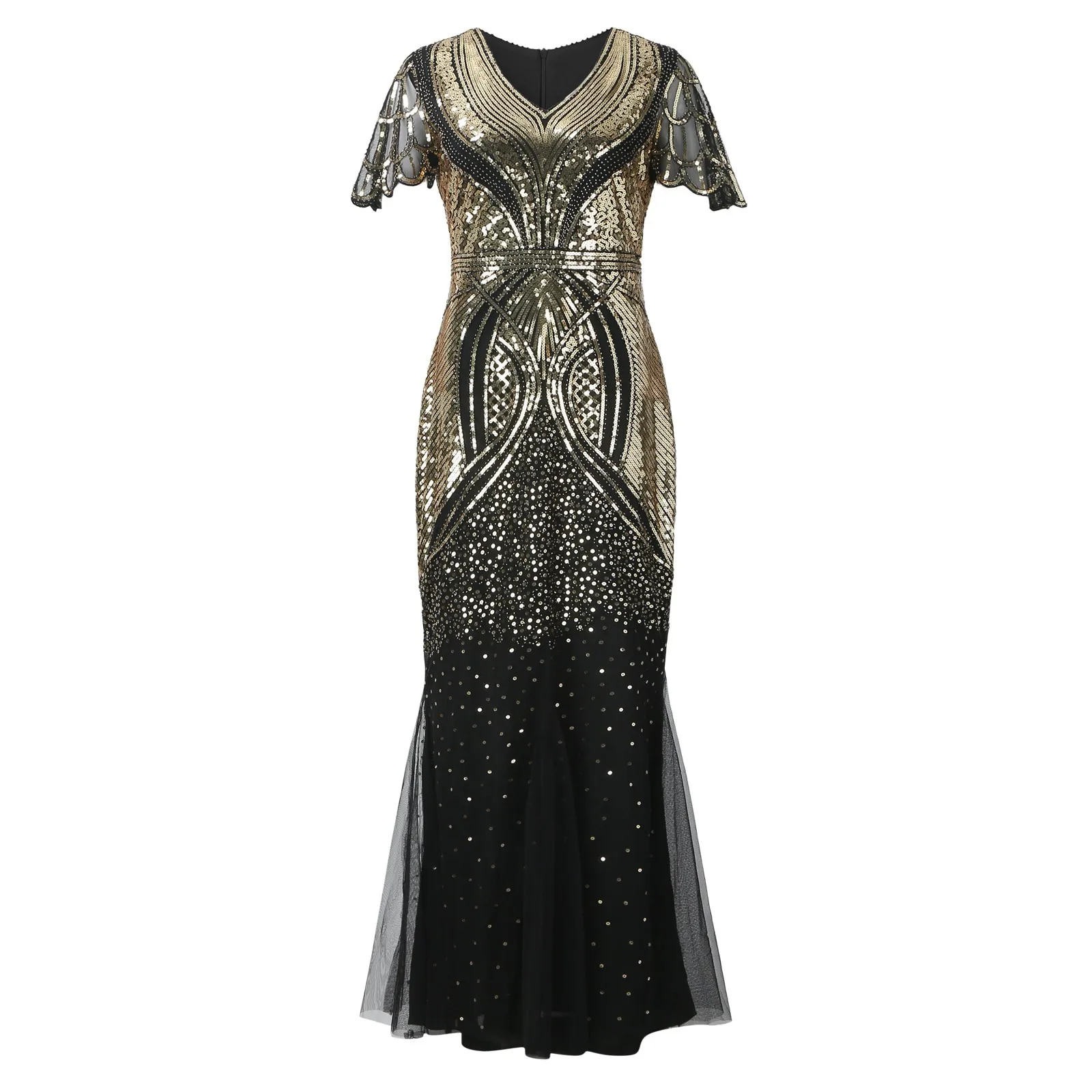 Damen Flapper Kleider 1920er Jahre Pailletten Art Deco Gatsby Cocktailkleid mit Ärmeln Sexy V-Ausschnitt Fransen Kostüm