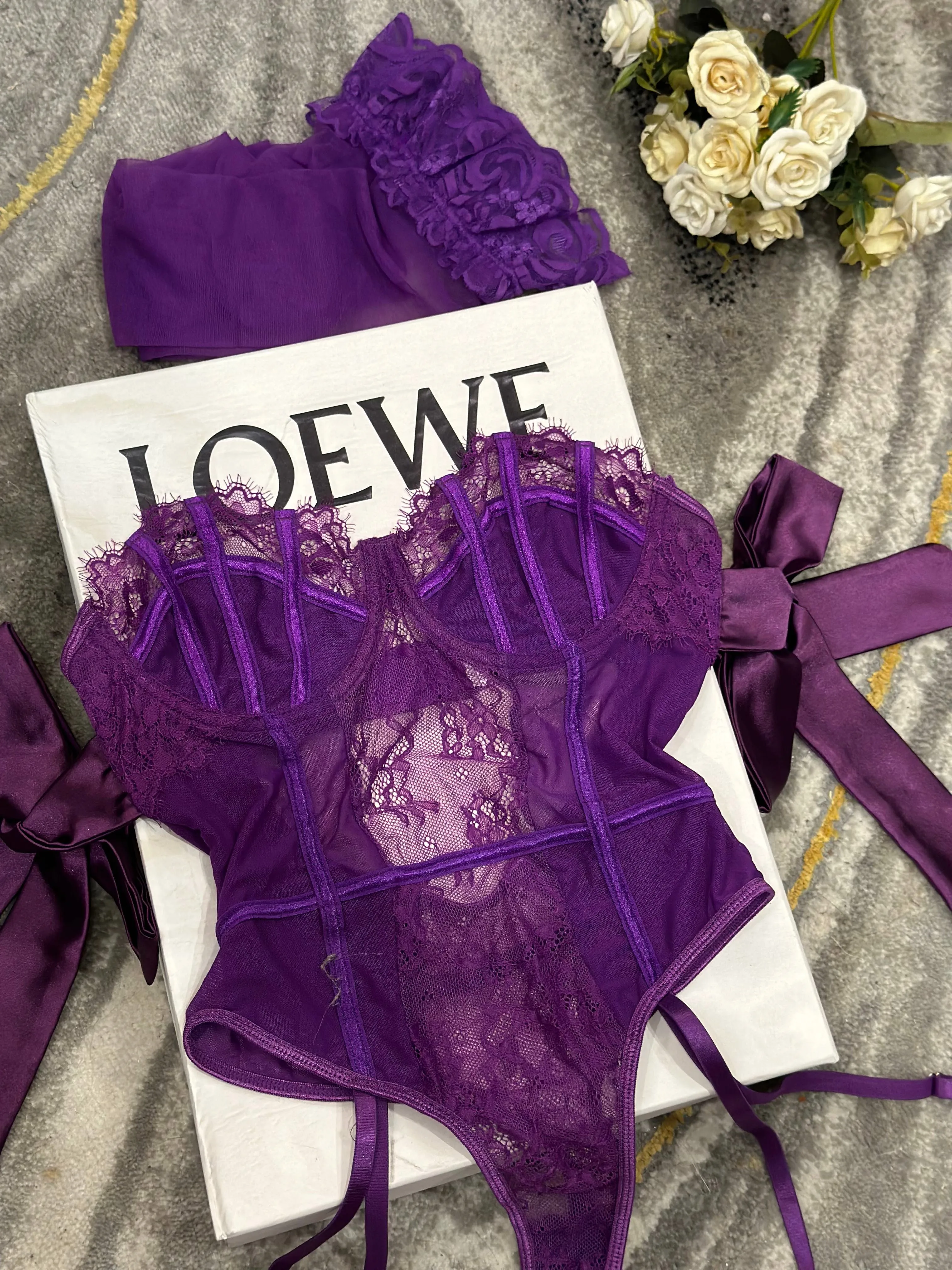 MIRABELLE Purple Lingerie With Stocking Sleeve Sexy Fancy Underwear 5-Piece Uncensored Intimate See Through Mesh Sensual Outfit