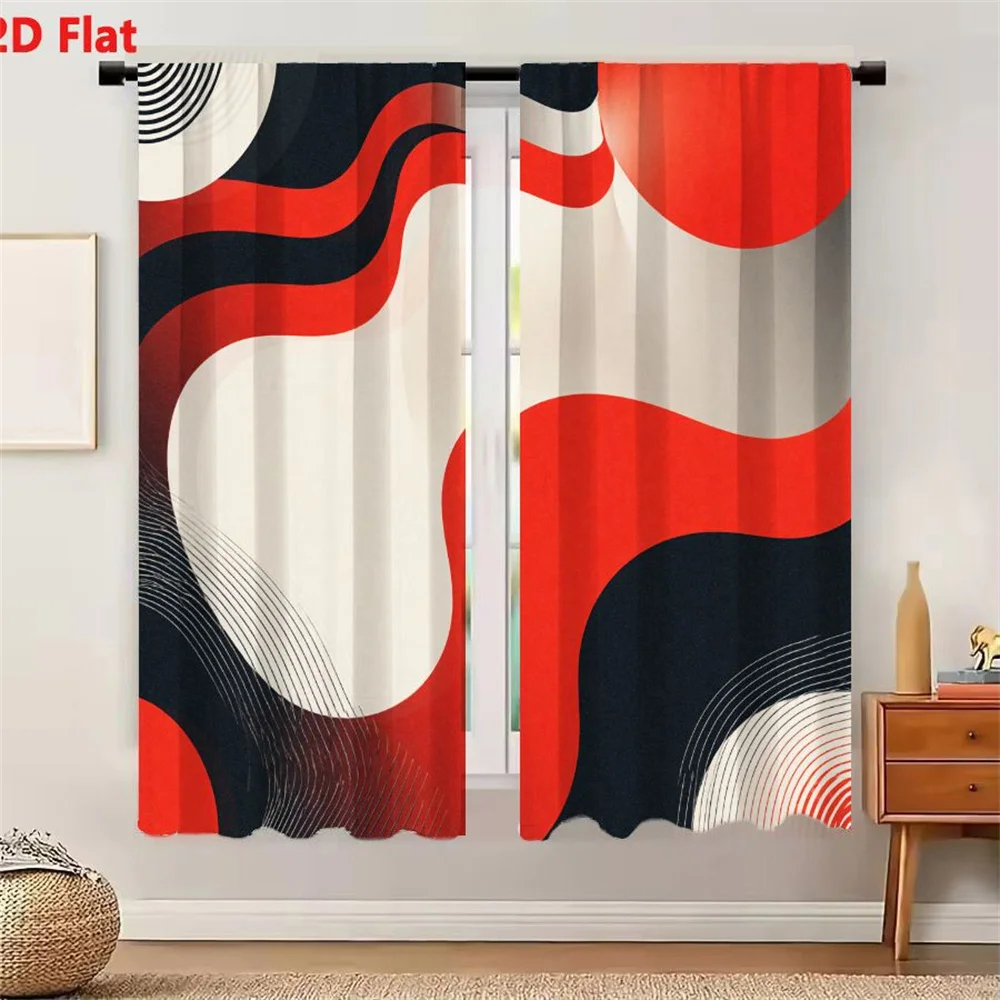 2Pcs Curtains 2D Flat Abstract Artwork With Flowing Wavy Red Black White Shapes And Concentric Circular Patterns On Black Backgr