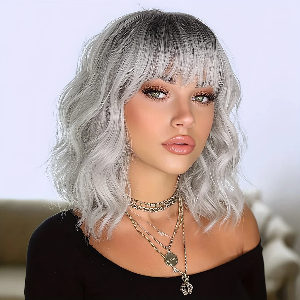 

Silver-gray wavy curly women's short wig, synthetic chemical fiber wig, suitable for daily wear, women's wig accessories