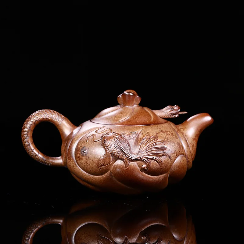 Wholesale Handmade Piece Fish-To-Dragon Design Crafted By Gaogong Longyao Using Wood-Fired Golden Clay 350Cc High-End Tea Set