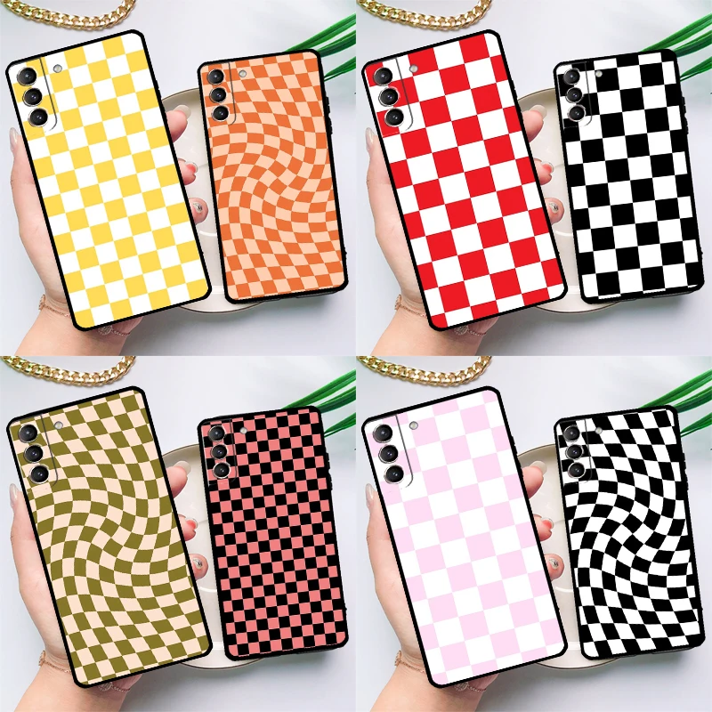 Checkerboard Pattern Mustard Yellow Case For Samsung Galaxy S23 S21 S22 Ultra Plus Note 10 20 S8 S9 S10 Plus S20 FE Cover Case