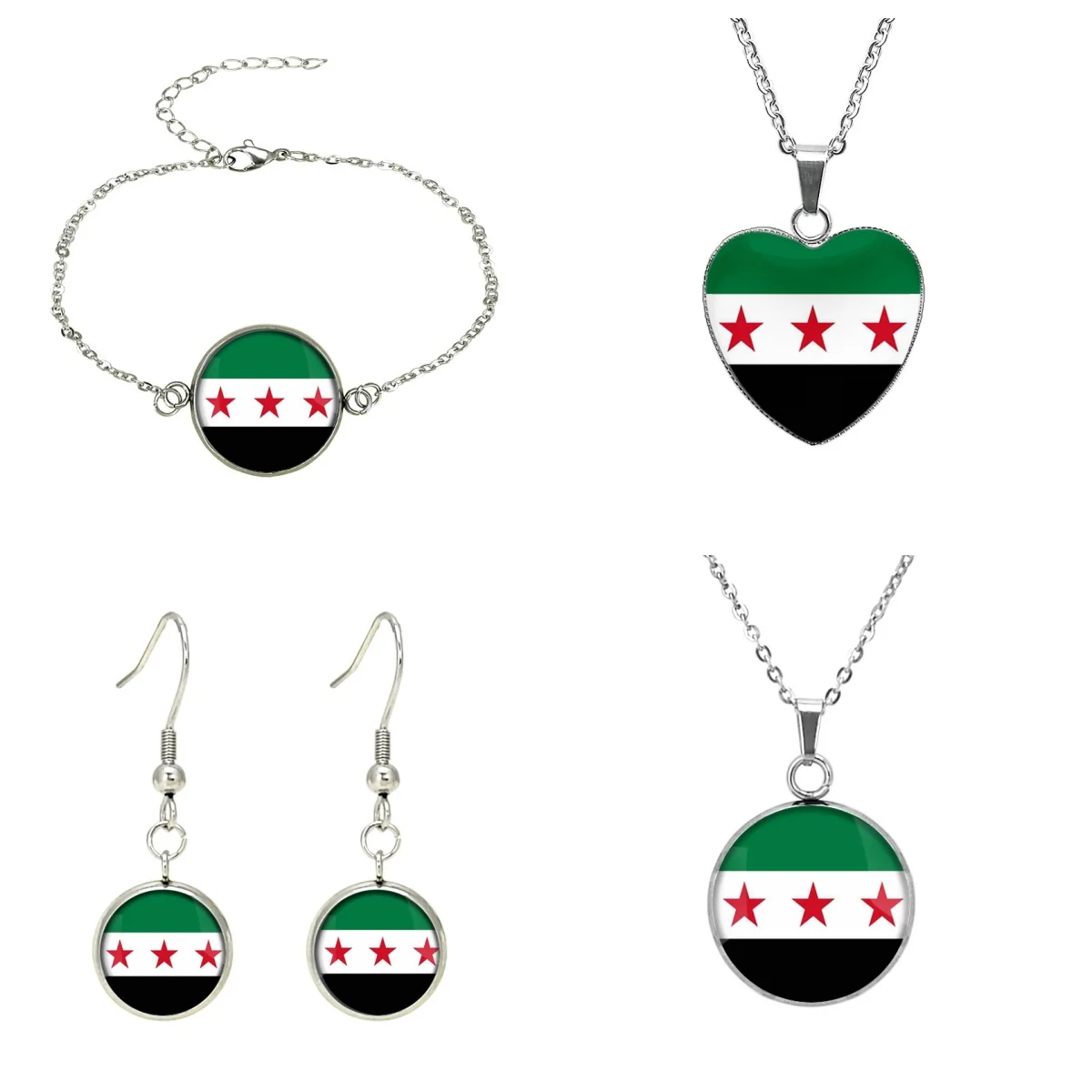 Syria Map Flag Pendant Necklace Bracelet Earrings Brooch Stainless Steel Time Gem Fashion Syrians Chain Women Men Jewelry Gifts