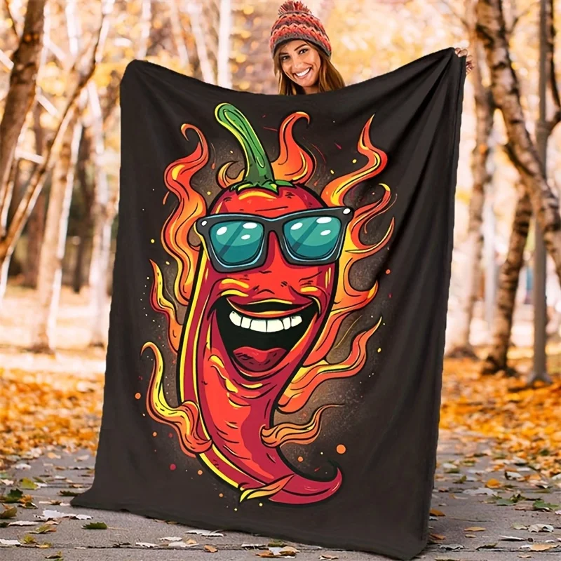 Cartoon Style Smiling Hot Chili Pepper Fire Flame Hip‑hop Element Pattern Flannel Fleece Blanket Warm Plush Bed for Living Room