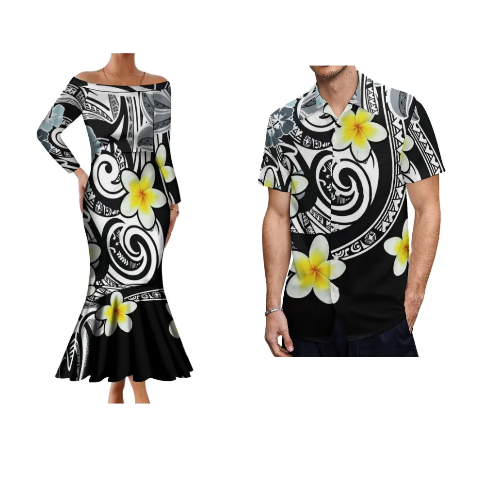 Samoan Couple Suit Custom Polynesian Women'S Off-The-Shoulder Dress Elegant Banquet High Quality Slim-Fit Fishtail Dress