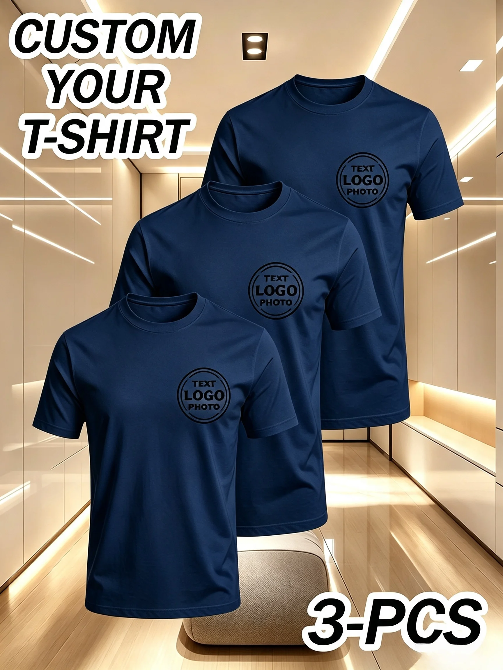 3 pieces of men's custom short-sleeved T-shirts, the same style for both men and women. Personalized printed text, photos