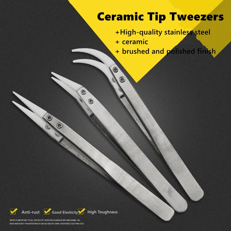 High Temperature Resistant Ceramic Tweezers Set, 3Pcs Anti-Static Insulated Tips for Electronics PCB SMD Repair, Soldering, Labo