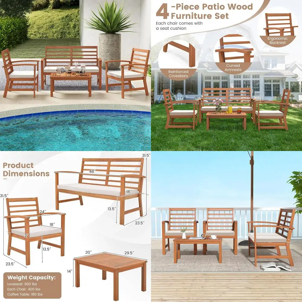 

Комплект садовой мебели из акации из 4 предметов с подушками для сидений, идеально подходит для патио, веранды и зоны у бассейна (белый)