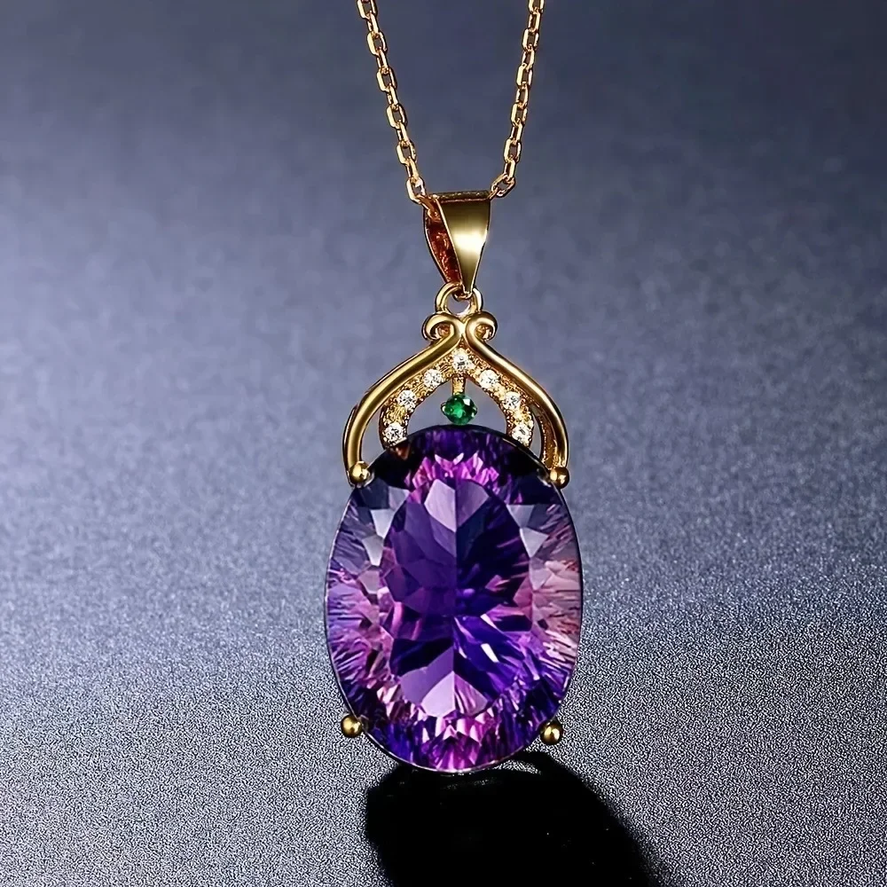 14K Rose Gold 45 Cm Necklace Jewelry Real Amethyst Pendant Bizuteria Female Amethyst Pendant Gemstone Chalcedony Jewelry Girls