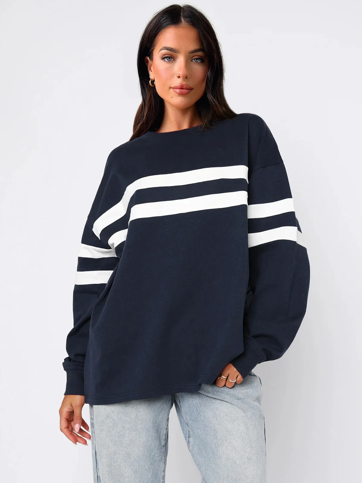 Frauen gestreiften Sweatshirt Herbst übergroße Langarm Rundhals ausschnitt lässig Pullover täglich Basic Soft Tops Streetwear