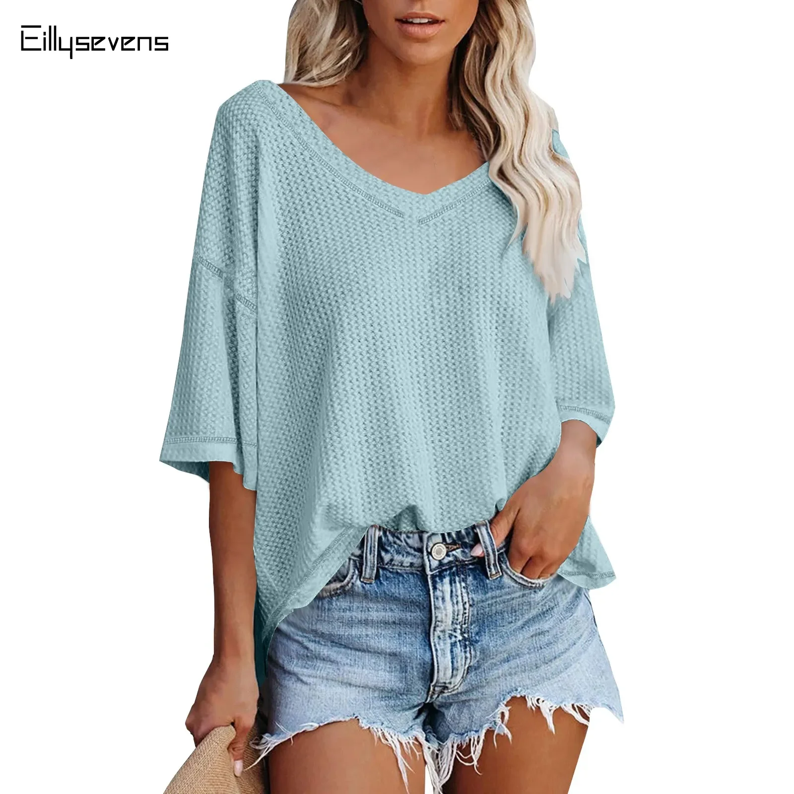 2024 Summer T-shirt Sweater Short Sleeve Knit Loose T-shirt V Neck Short Sleeve Casual Tops Women's Short Sleeve T-shirt