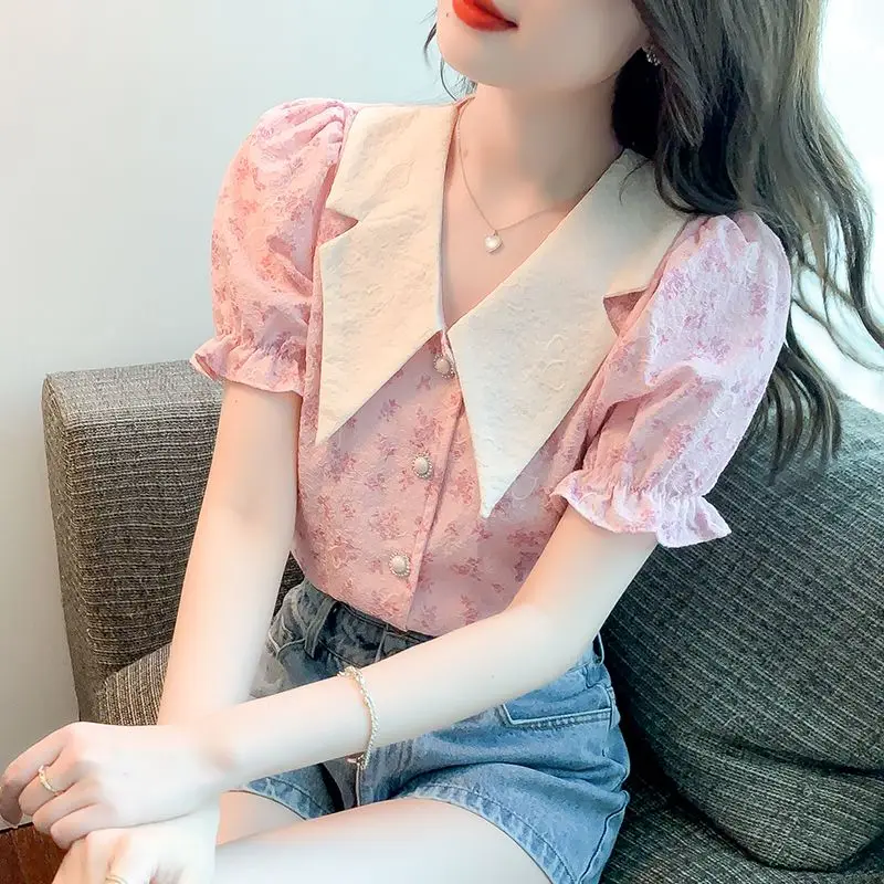 2024 Summer New Blouses Women\'s Chic Flattering Printed Spliced Button Standard Peter Pan Collar Puff Sleeve Chiffon Shirts Tops