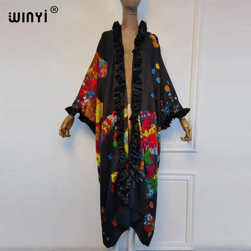 Imagem -04 - Winyi-cardigan de Renda Impressa Preta para Mulheres Quimono Sexy Manga de Taco Roupa Boho Beach Elegante Cabolsa Boho Moda Natalícia Novo