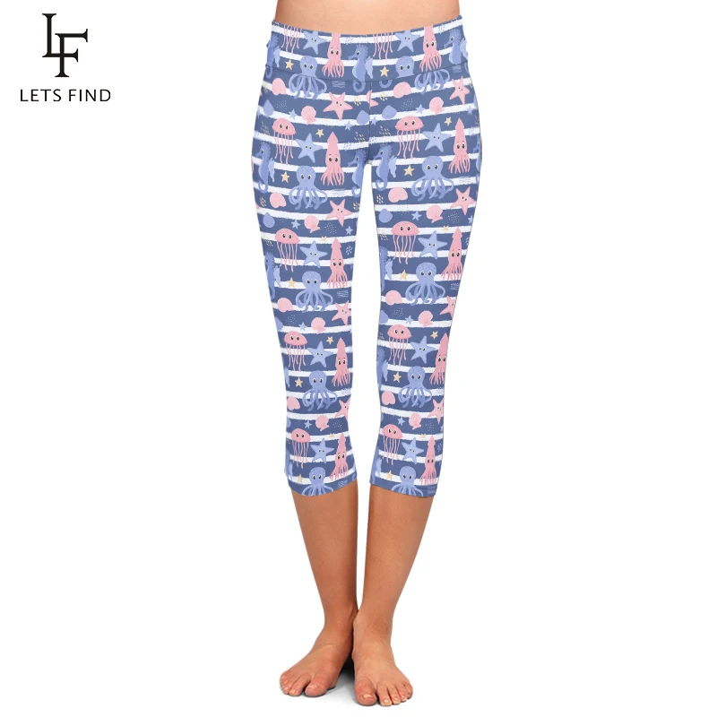 LETSFIND New Arrival Women Capri Leggings High Waist 3D Marine Animals and Shells Digital Print Fitness Soft Stretch Leggings