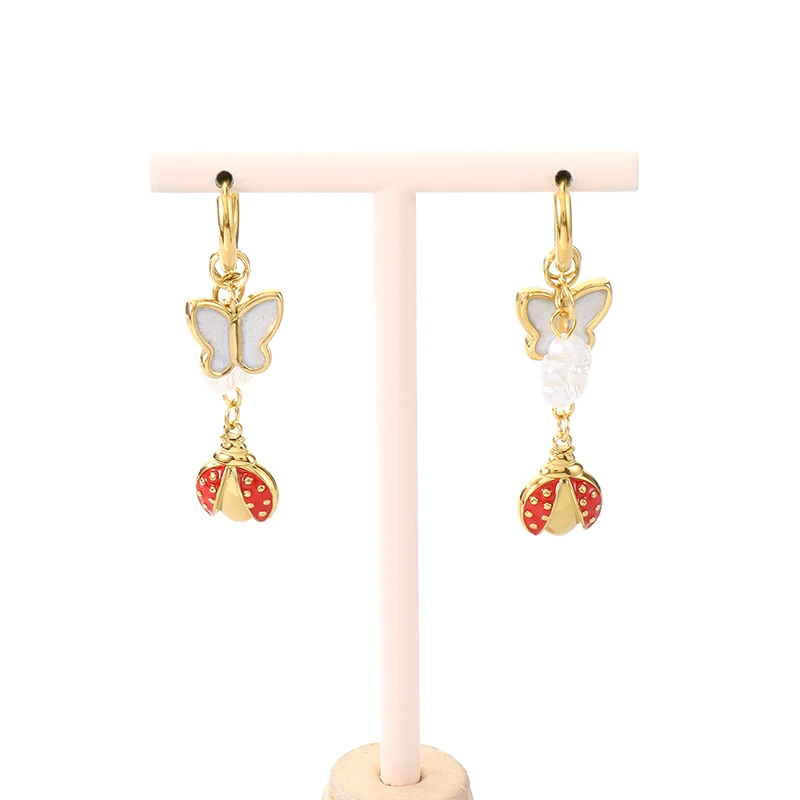 Fashion Stainless Steel Women's Gold Plated Cherry Chili Pepper Butterfly Ladybug Dangle Hoop Earrings Party Jewelry Gift