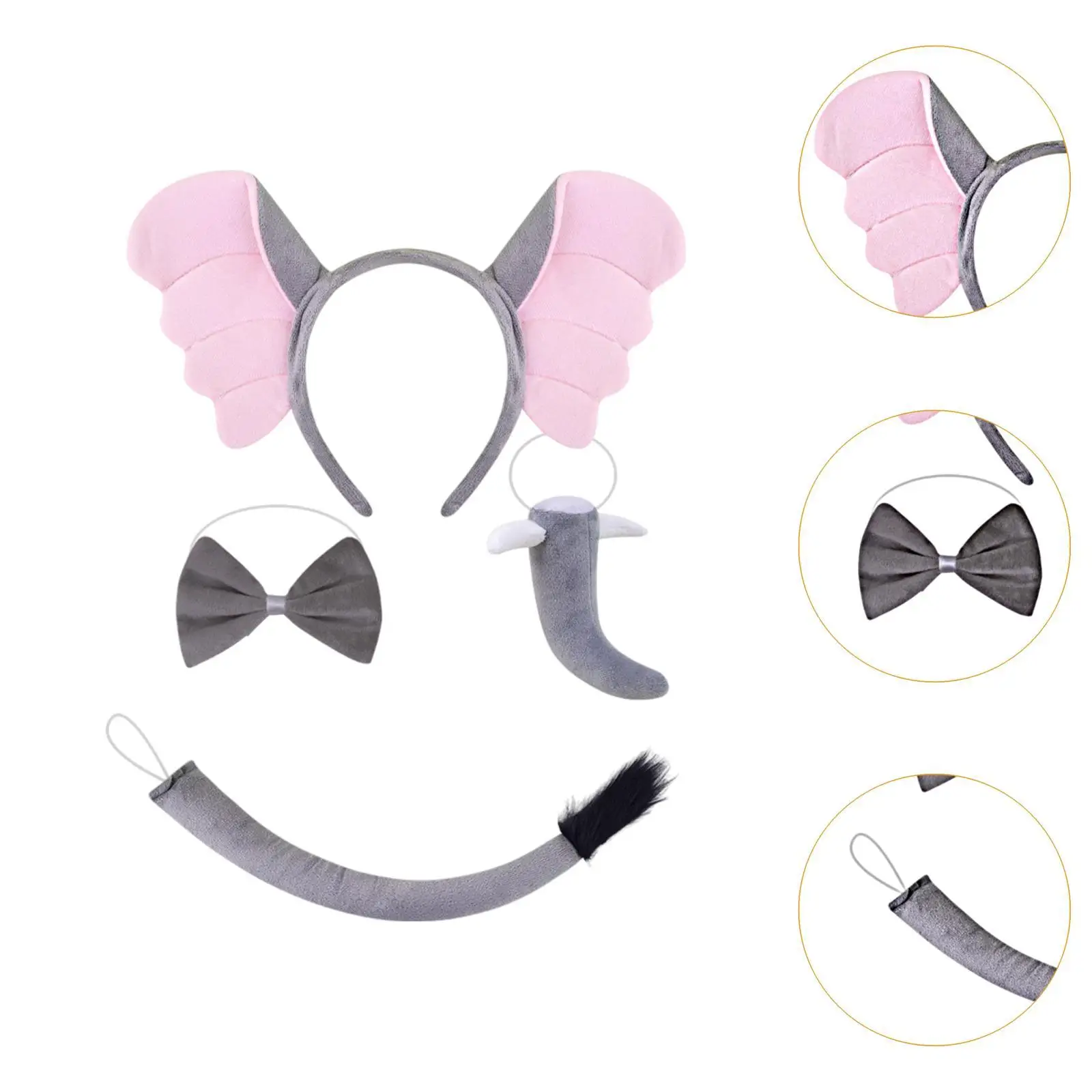 เครื่องแต่งกายช้างหูแถบคาดศีรษะจมูก Bowtie และหางชุดอุปกรณ์เสริม 4 ชิ้น/เซ็ตสําหรับ Carnival Props คอสเพลย์เทศกาล Party Favors