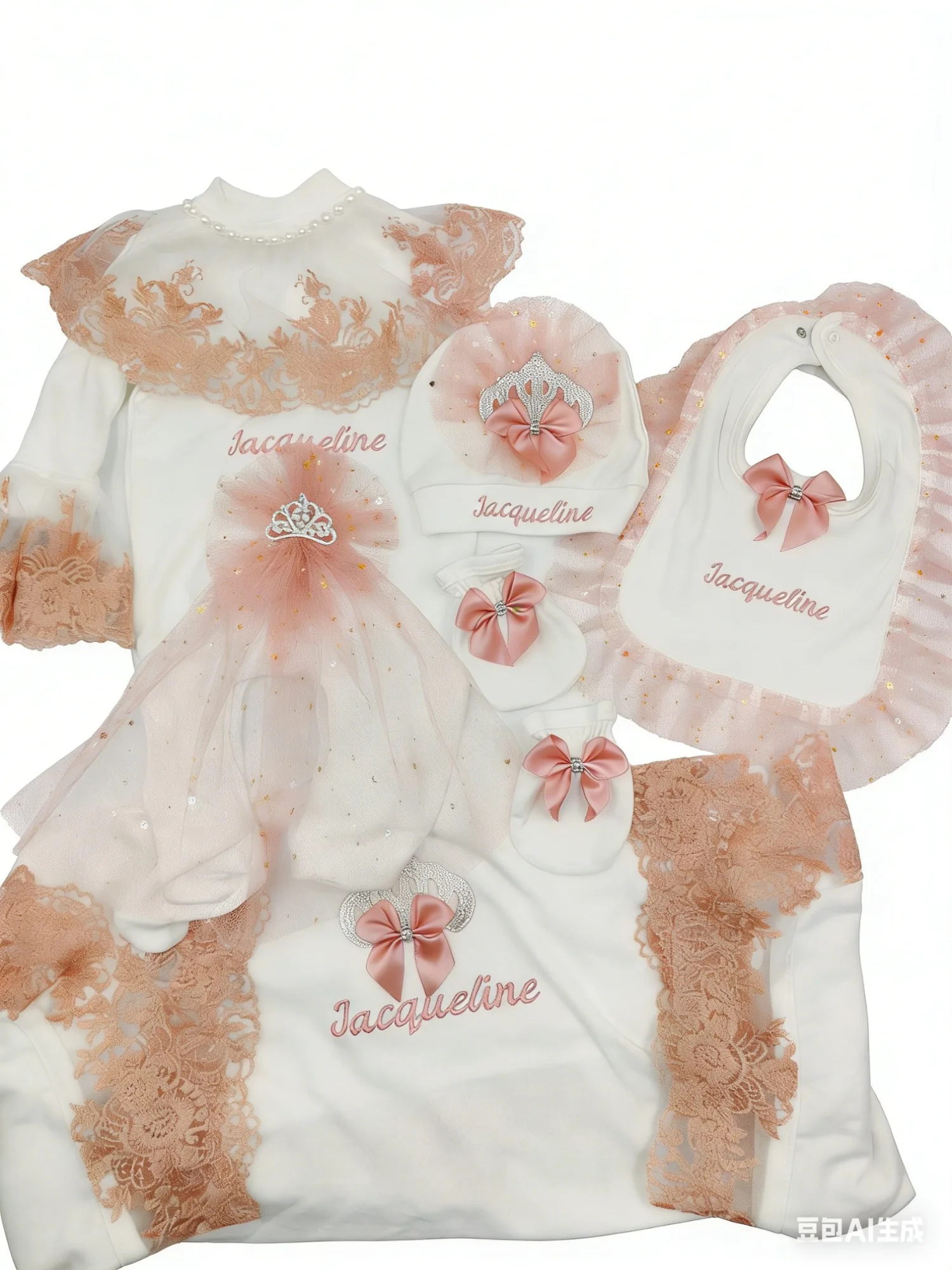 

Baby Girl Jacqueline Princess Gift Set - Full Outfit Onesie Hat Bib with Lace Crown Embroidery for Baptism