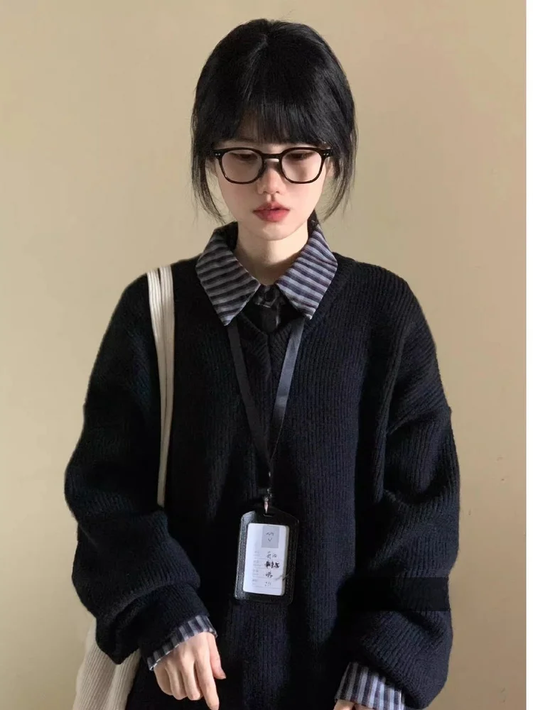 

Свободный женский свитер Bla с v-образным вырезом, вязаная внутренняя одежда, модный универсальный корейский слей, осень-зима, Новое поступление, ленивый шик