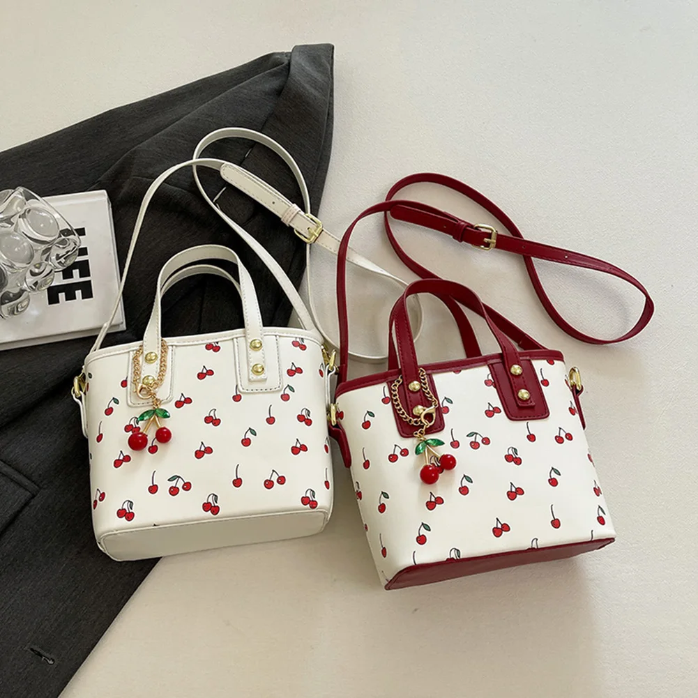 Women PU Cherry Shoulder Bag Large Capacity Trendy Commuting Bag with Cherry Pendant Stylish Crossbody Bag Aesthetic Handbag