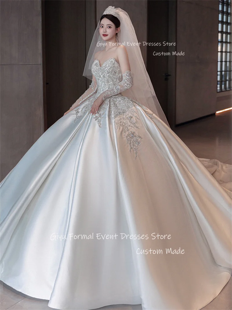 Giyu Luxury Lace Applique Beads Wedding Dresses Sweetheart Satin Sweep Train Bridal Gowns Custom Made Korea Photoshoot