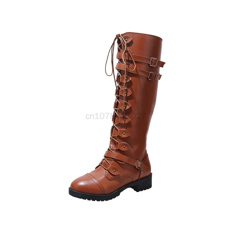 Stivali alti al ginocchio da donna medievali autunno inverno scarpe basse stringate Sexy Steampunk PU fibbia retrò scarpe da donna stivali da neve da donna