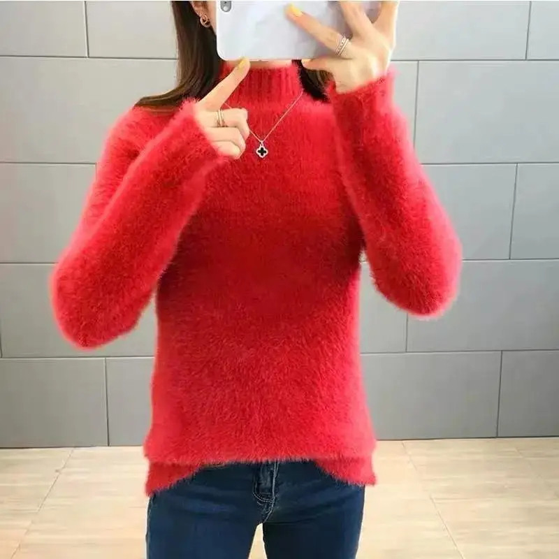 Plush Half High Collar Pullover Sweater 2023 Autumn/winter New Versatile Loose and Thick Knit Women\'s Sweater