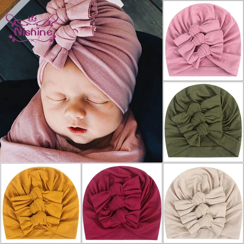 1PCS Stretchy Turban Hats with Knotted Bows Caps Beanies Bonnets Headwraps Hair Accessories for Baby Girls Infants Toddlers